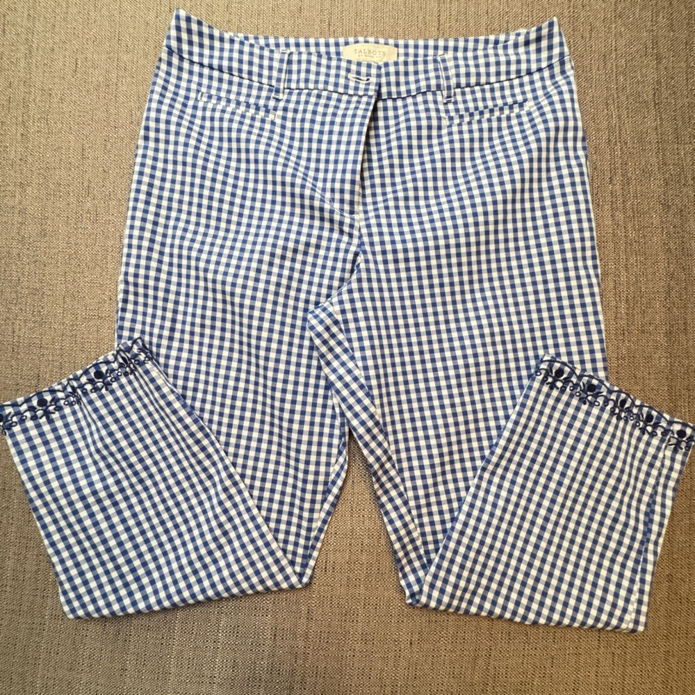 Talbots Petites Blue White Gingham Ankle Pants Size 12P Checkered Trousers